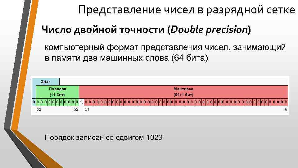 Представление чисел в разрядной сетке Число двойной точности (Double precision) компьютерный формат представления чисел,