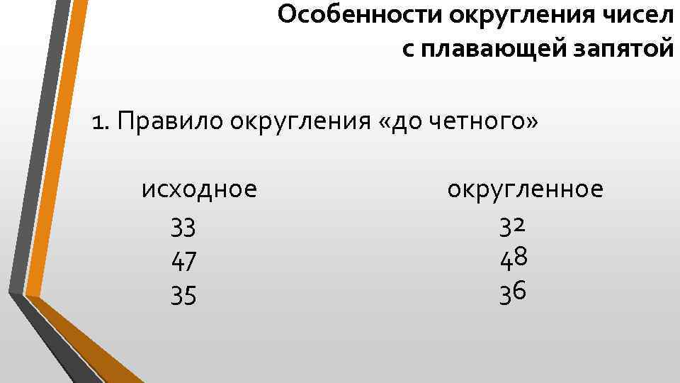 Особенности округления чисел с плавающей запятой 1. Правило округления «до четного» исходное 33 47