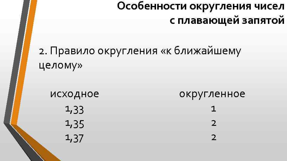 Особенности округления чисел с плавающей запятой 2. Правило округления «к ближайшему целому» исходное 1,