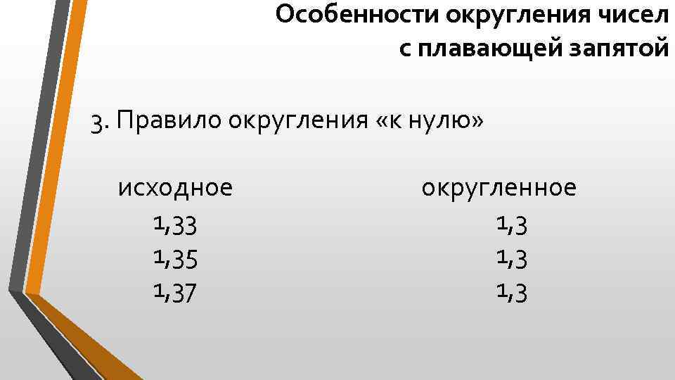 Особенности округления чисел с плавающей запятой 3. Правило округления «к нулю» исходное 1, 33