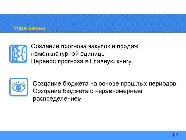 Упражнения Создание прогноза закупок и продаж номенклатурной единицы Перенос прогноза в Главную книгу Создание