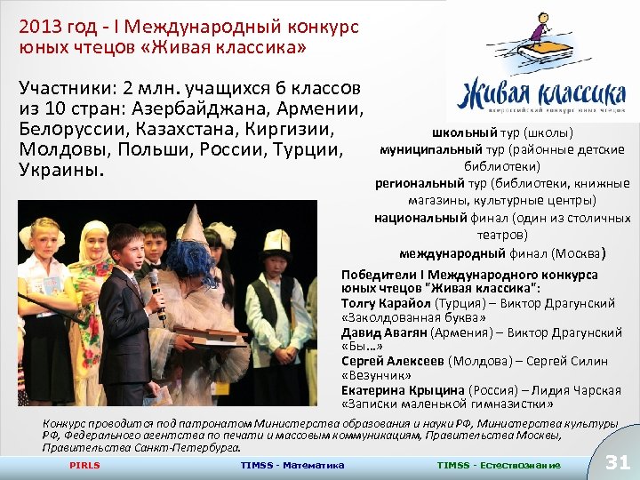 2013 год - I Международный конкурс юных чтецов «Живая классика» Участники: 2 млн. учащихся
