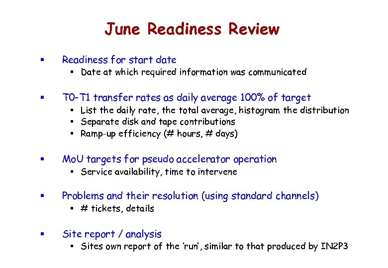 June Readiness Review § Readiness for start date § Date at which required information