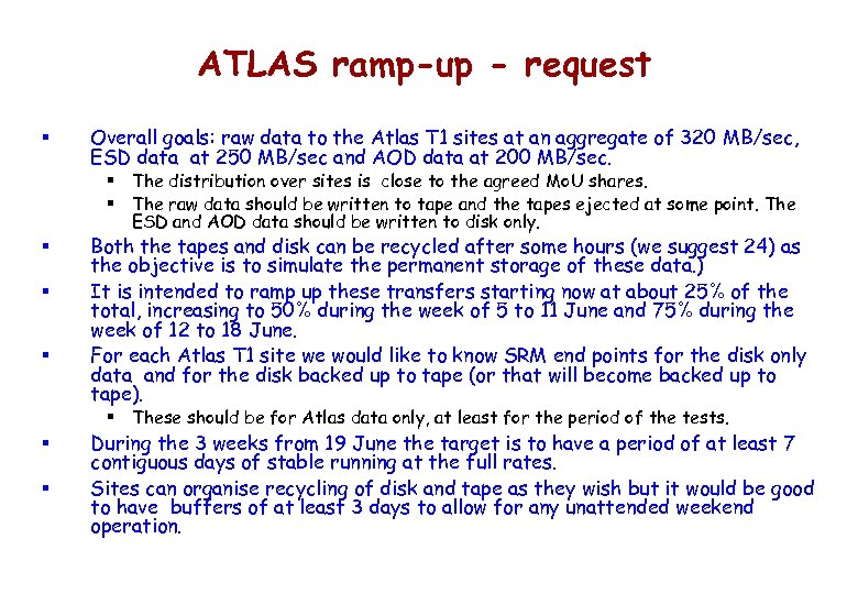 ATLAS ramp-up - request § Overall goals: raw data to the Atlas T 1