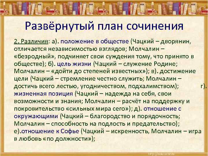 Развёрнутый план сочинения 2. Различия: а). положение в обществе (Чацкий – дворянин, отличается независимостью