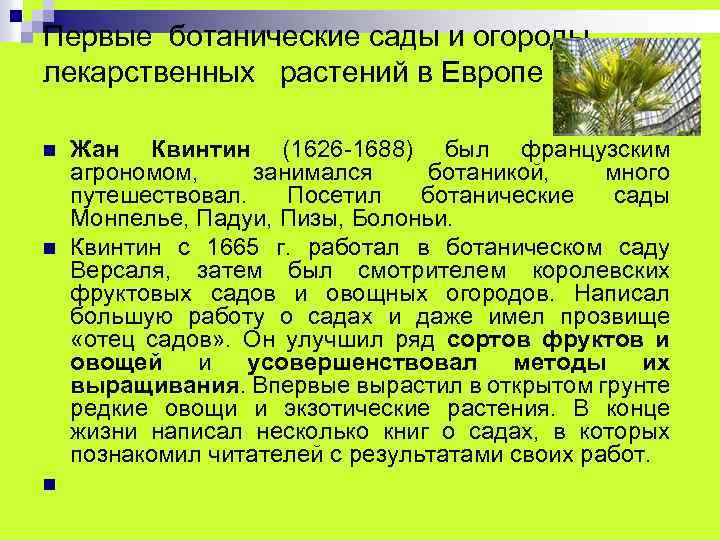 Первые ботанические сады и огороды лекарственных растений в Европе n n n Жан Квинтин