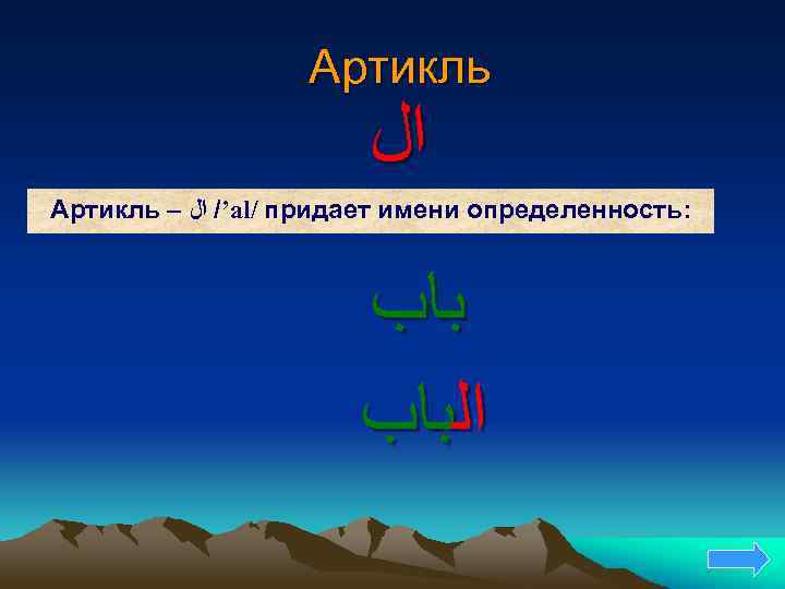 Артикль ﺍﻝ Артикль – ’/ ﺍﻝ al/ придает имени определенность: ﺑﺎﺏ ﺍﻟﺒﺎﺏ 