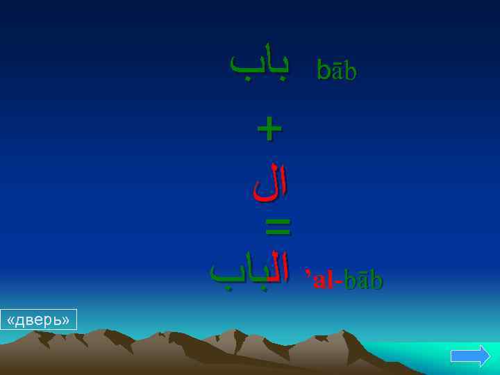  ﺑﺎﺏ bāb + ﺍﻝ = ’ ﺍﻟﺒﺎﺏ al-bāb «дверь» 