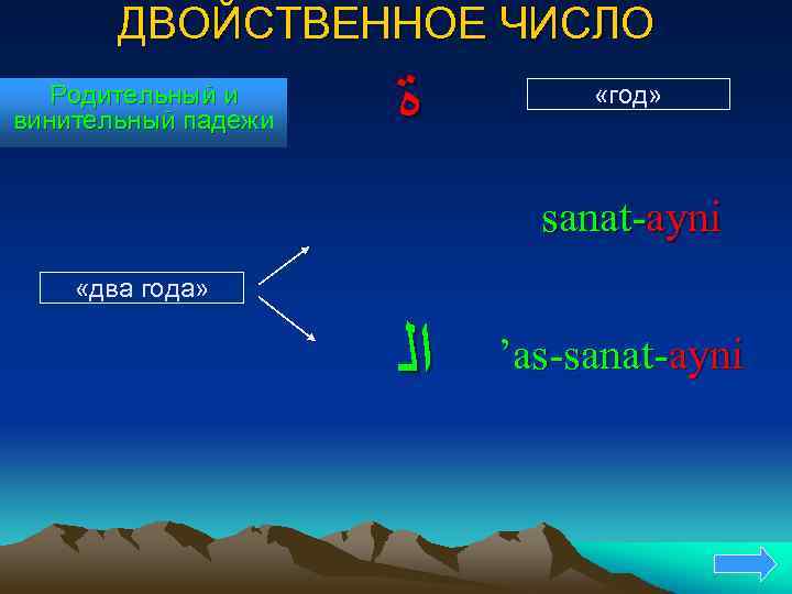 ДВОЙСТВЕННОЕ ЧИСЛО Родительный и винительный падежи ﺓ «год» sanat-ayni «два года» ﺍﻟ ’as-sanat-ayni 