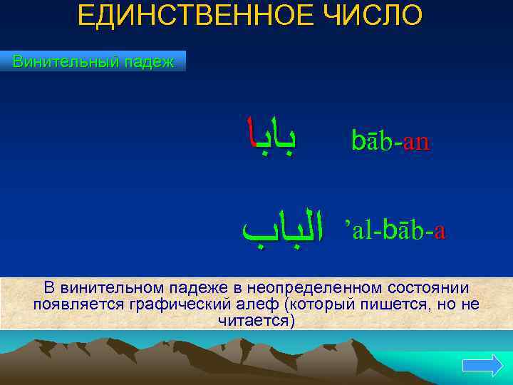 ЕДИНСТВЕННОЕ ЧИСЛО Винительный падеж ﺑﺎﺑﺎ bāb-an ﺍﻟﺒﺎﺏ ’al-bāb-a В винительном падеже в неопределенном состоянии