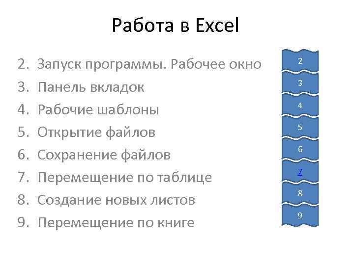 Работа в Excel 2. 3. 4. 5. 6. 7. 8. 9. Запуск программы. Рабочее