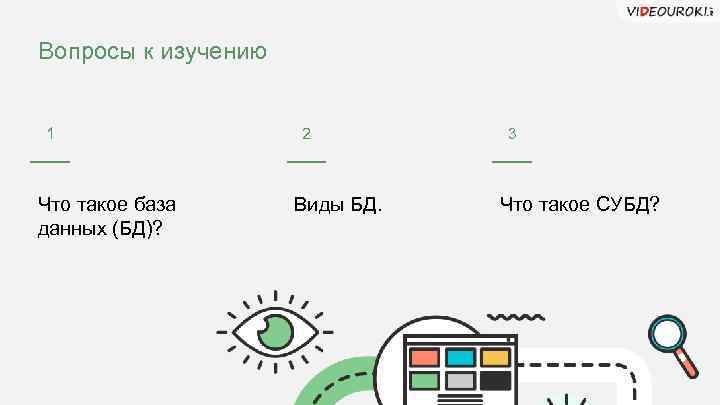 Вопросы к изучению 1 Что такое база данных (БД)? 2 Виды БД. 3 Что