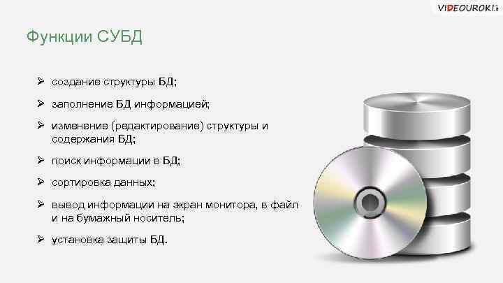 Функции СУБД Ø создание структуры БД; Ø заполнение БД информацией; Ø изменение (редактирование) структуры