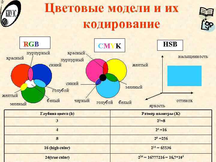 Цветовые модели и их кодирование RGB красный желтый зеленый HSB CMYK пурпурный красный пурпурный
