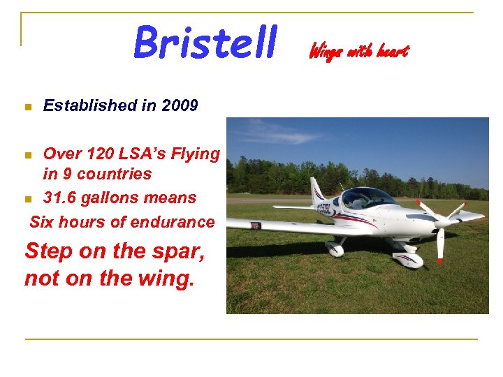 Bristell n Established in 2009 Over 120 LSA’s Flying in 9 countries n 31.