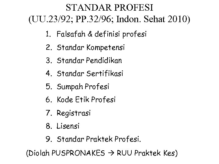STANDAR PROFESI (UU. 23/92; PP. 32/96; Indon. Sehat 2010) 1. Falsafah & definisi profesi
