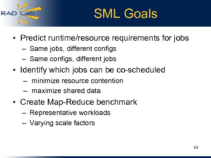 SML Goals • Predict runtime/resource requirements for jobs – Same jobs, different configs –