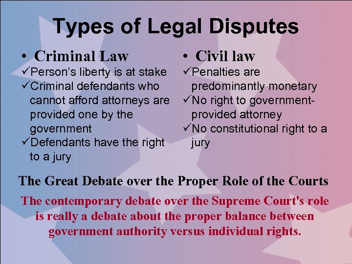 Types of Legal Disputes • Criminal Law • Civil law üPerson’s liberty is at