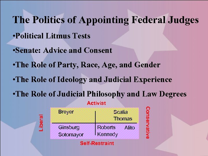 The Politics of Appointing Federal Judges • Political Litmus Tests • Senate: Advice and