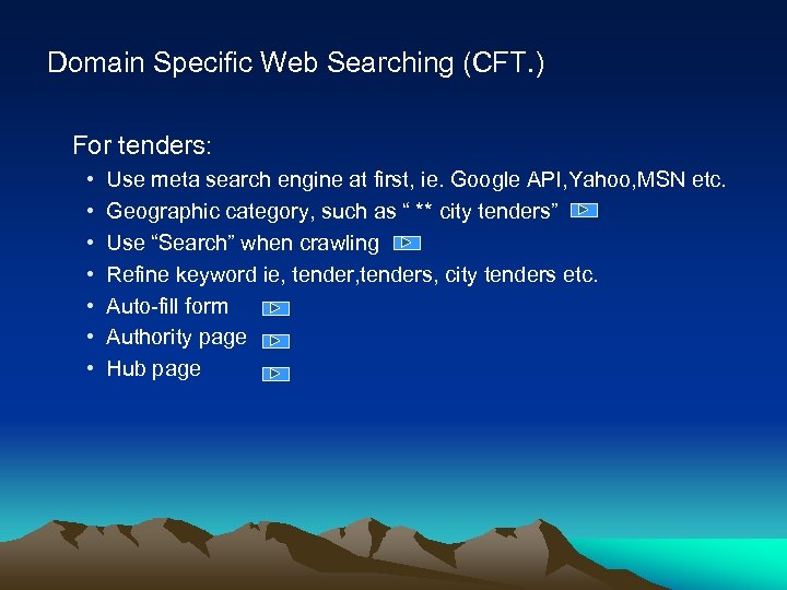 Domain Specific Web Searching (CFT. ) For tenders: • • Use meta search engine