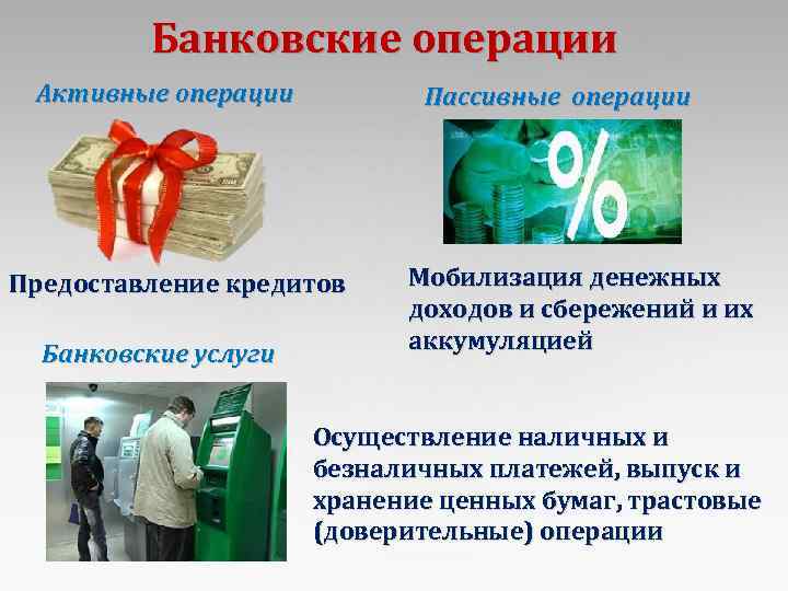 Банковские операции Активные операции Пассивные операции Предоставление кредитов Банковские услуги Мобилизация денежных доходов и