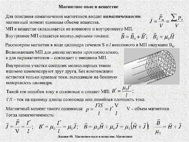 Сила тока в соленоиде. Магнитный момент соленоида. Поверхностная плотность тока соленоида. Поверхностный молекулярный ток. Плотность тока в соленоиде.