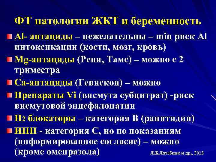 ФТ патологии ЖКТ и беременность Al- антациды – нежелательны – min риск Al интоксикации