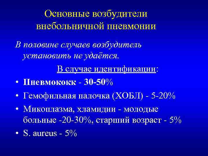 Основные возбудители внебольничной пневмонии В половине случаев возбудитель установить не удаётся. В случае идентификации: