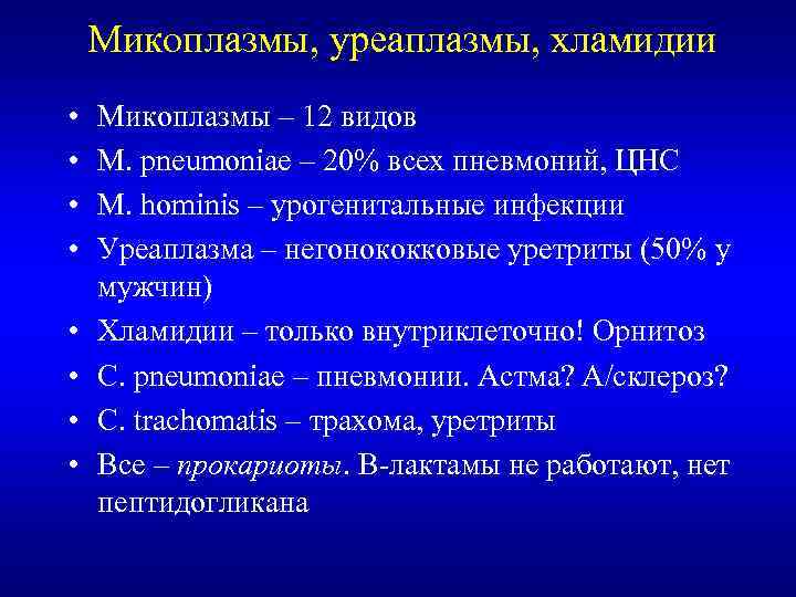 Микоплазмы, уреаплазмы, хламидии • • Микоплазмы – 12 видов M. pneumoniae – 20% всех