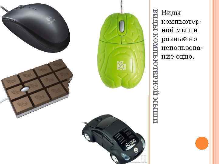 ВИДЫ КОМПЬЮТЕРНОЙ МЫШИ Виды компьютерной мыши разные но использование одно. 