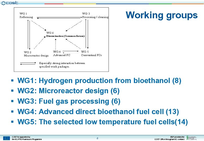 Working groups § § § WG 1: Hydrogen production from bioethanol (8) WG 2: