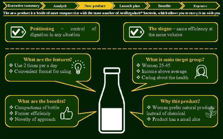 Executive summary Analysis New product Launch plan Benefits Expenses The new product is a