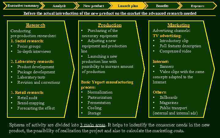 Executive summary Analysis New product Launch plan Benefits Expenses Before the actual introduction of