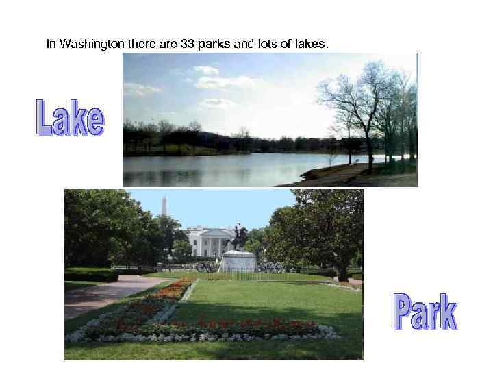 In Washington there are 33 parks and lots of lakes. 