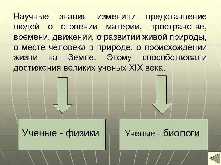 Научные знания изменили представление людей о строении материи, пространстве, времени, движении, о развитии живой