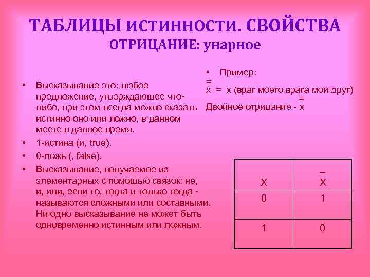 ТАБЛИЦЫ ИСТИННОСТИ. СВОЙСТВА ОТРИЦАНИЕ: унарное • • • Пример: = Высказывание это: любое x
