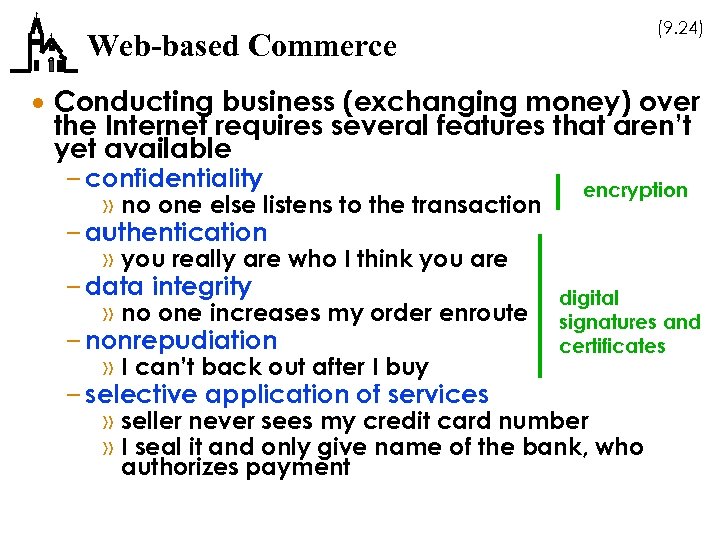 (9. 24) Web-based Commerce · Conducting business (exchanging money) over the Internet requires several