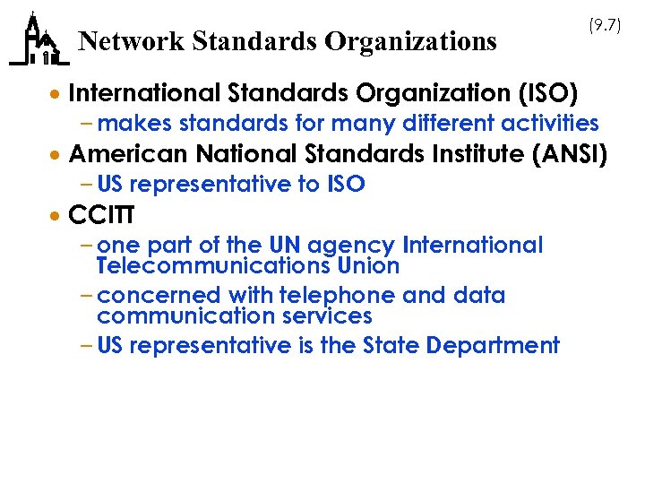 Network Standards Organizations (9. 7) · International Standards Organization (ISO) – makes standards for