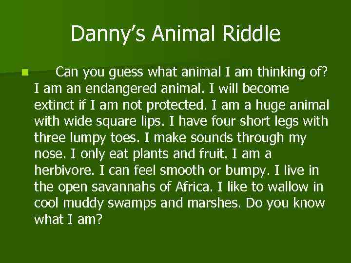 Danny’s Animal Riddle n Can you guess what animal I am thinking of? I