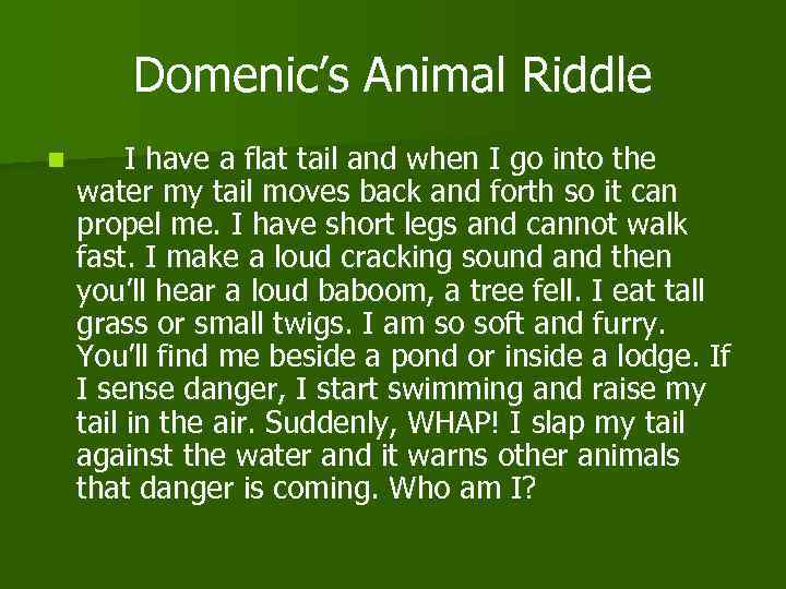 Domenic’s Animal Riddle n I have a flat tail and when I go into