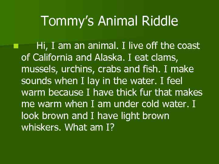 Tommy’s Animal Riddle n Hi, I am an animal. I live off the coast