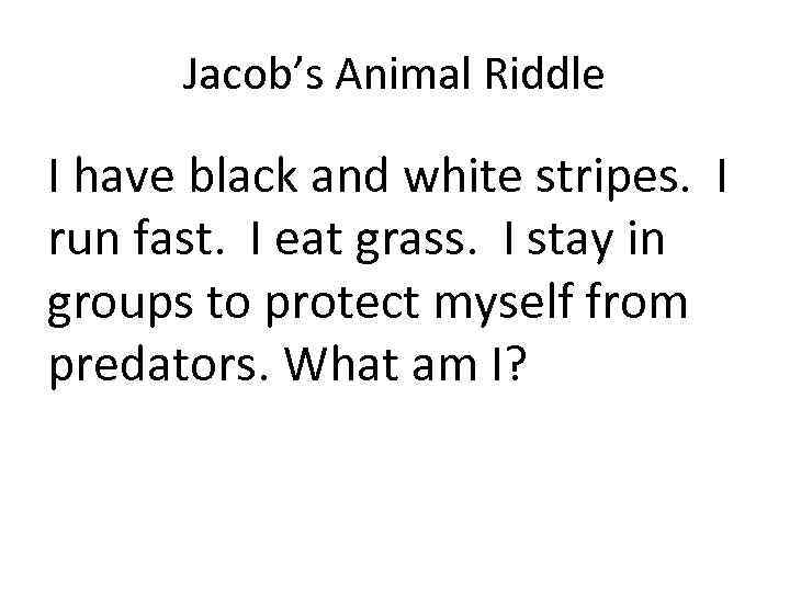 Jacob’s Animal Riddle I have black and white stripes. I run fast. I eat