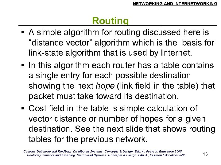 NETWORKING AND INTERNETWORKING Routing A simple algorithm for routing discussed here is “distance vector”