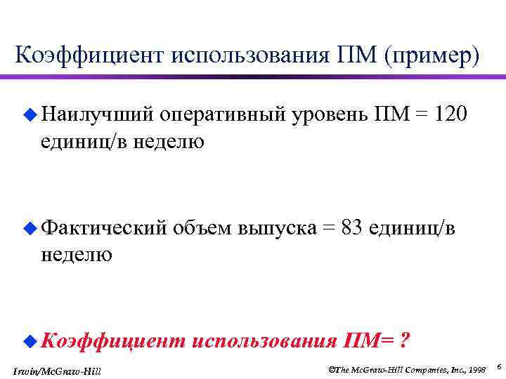 Коэффициент использования ПМ (пример) u Наилучший оперативный уровень ПМ = 120 единиц/в неделю u