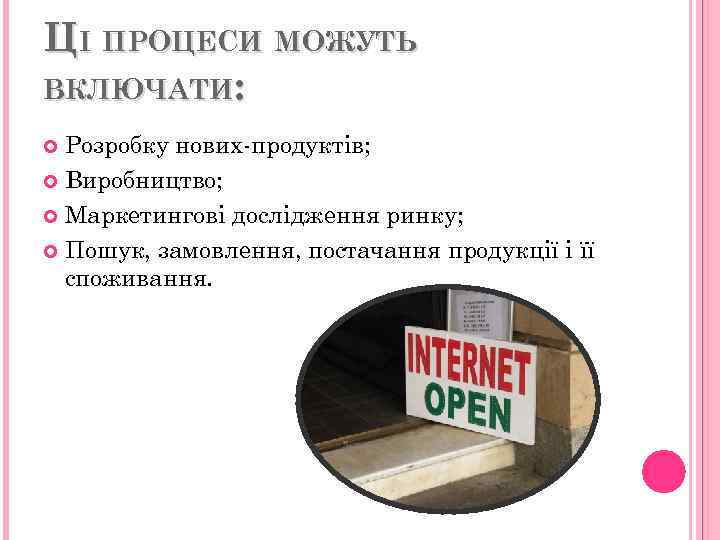 ЦІ ПРОЦЕСИ МОЖУТЬ ВКЛЮЧАТИ: Розробку нових-продуктів; Виробництво; Маркетингові дослідження ринку; Пошук, замовлення, постачання продукції