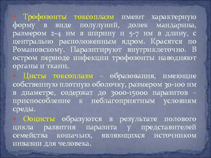 Трофозоиты токсоплазм имеют характерную форму в виде полулуний, долек мандарина, размером 2 -4 нм