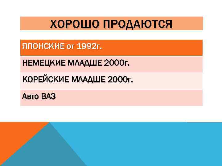 ХОРОШО ПРОДАЮТСЯ ЯПОНСКИЕ от 1992 г. НЕМЕЦКИЕ МЛАДШЕ 2000 г. КОРЕЙСКИЕ МЛАДШЕ 2000 г.