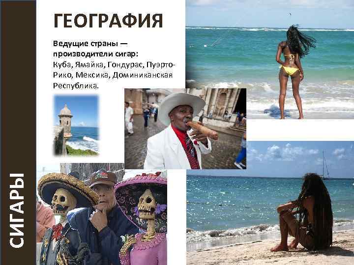 ГЕОГРАФИЯ СИГАРЫ Ведущие страны — производители сигар: Куба, Ямайка, Гондурас, Пуэрто. Рико, Мексика, Доминиканская