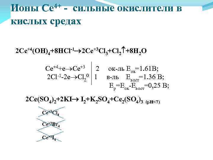 Ионы Ce 4+ - сильные окислители в кислых средах 2 Ce+4(OH)4+8 HCl-1 2 Ce+3
