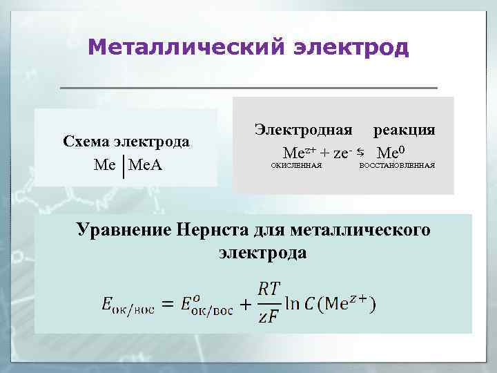 Металлический электрод Схема электрода Ме Ме. А Электродная реакция Mеz+ + ze- ⇆ Mе